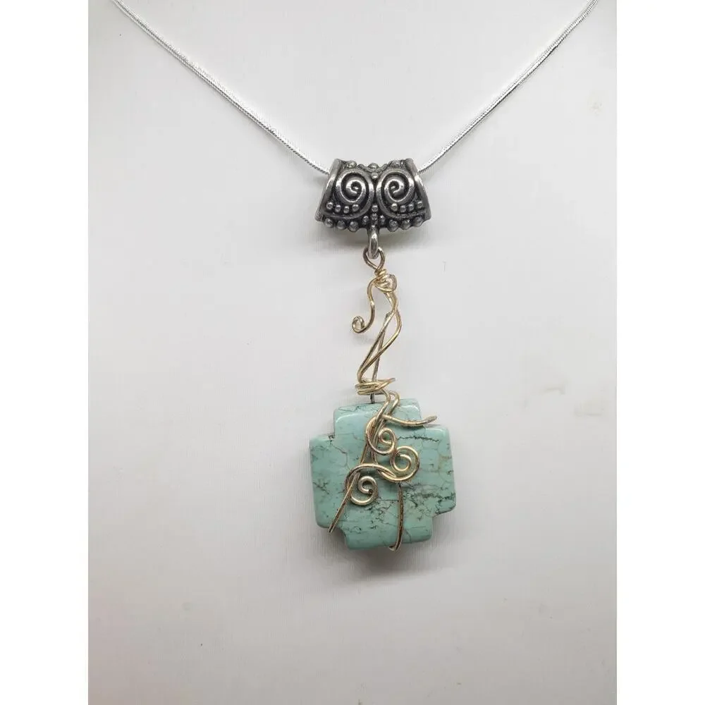 Artisan Wire Wrapped Chrysoprase Cross Pendant Necklace Silver tone Snake Chain